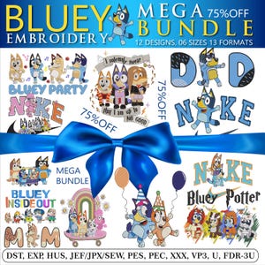 Paquete de bordados Bluey, bingo Bluey, cumpleaños Bluey, 12 diseños - Descarga instantánea / 6 tamaños