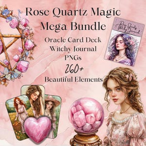 Lot de quartz rose PNG, Witchy Journal et carte Oracle en téléchargement numérique imprimable Fabrication artisanale, Junk Journal, Grimoire Pages et Spellcraft