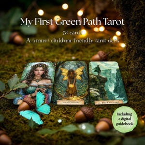 May include: My First Green Path Tarot deck with 78 cards, designed for children. The cards feature fantasy art with images of fairies and nature. Includes a digital guidebook. The deck is displayed with acorns and a turquoise butterfly.