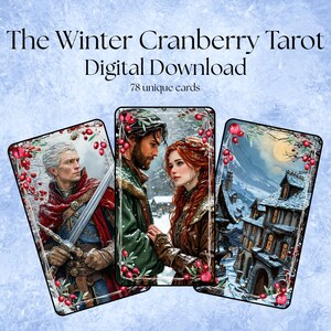 Frozen Winter Cranberry Tarot 78 kaarten compleet dek digitale download aquarel Wicca Tarot Deck 4 Back Designs waarzeggerij, kunst en decor