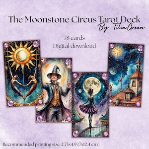 The Moonstone Circus Tarot – Aquarel Tarot Deck | Digitale download | 78 kaarten + 3 achterkantontwerpen | Grillig steampunk magisch circusthema
