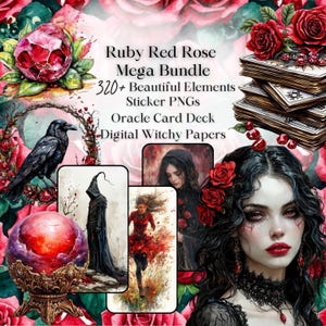 Ruby Red Rose digitale download png-stickerset, orakelkaartspel en digitaal papiergebruik voor magie, waarzeggerij, spreuken en verhalen vertellen