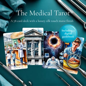 May include: The Medical Tarot card deck with a luxury silk touch matte finish. The deck includes 78 cards and a digital guidebook. The cards feature medical-themed illustrations, including a doctor with patients, a building with a medical symbol, and a person in a hospital bed.