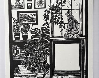 Original Linocut “Leaves and Light” print on 8.5x11” Block Print Paper