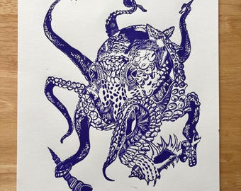 Original 11x14”  Linocut Octopus print on Block Printing Paper in Purple Ink; “Highly Armed”