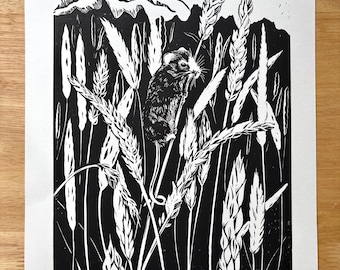 Original 11x14”  Linocut “Harvest Mouse” print on Block Printing Paper