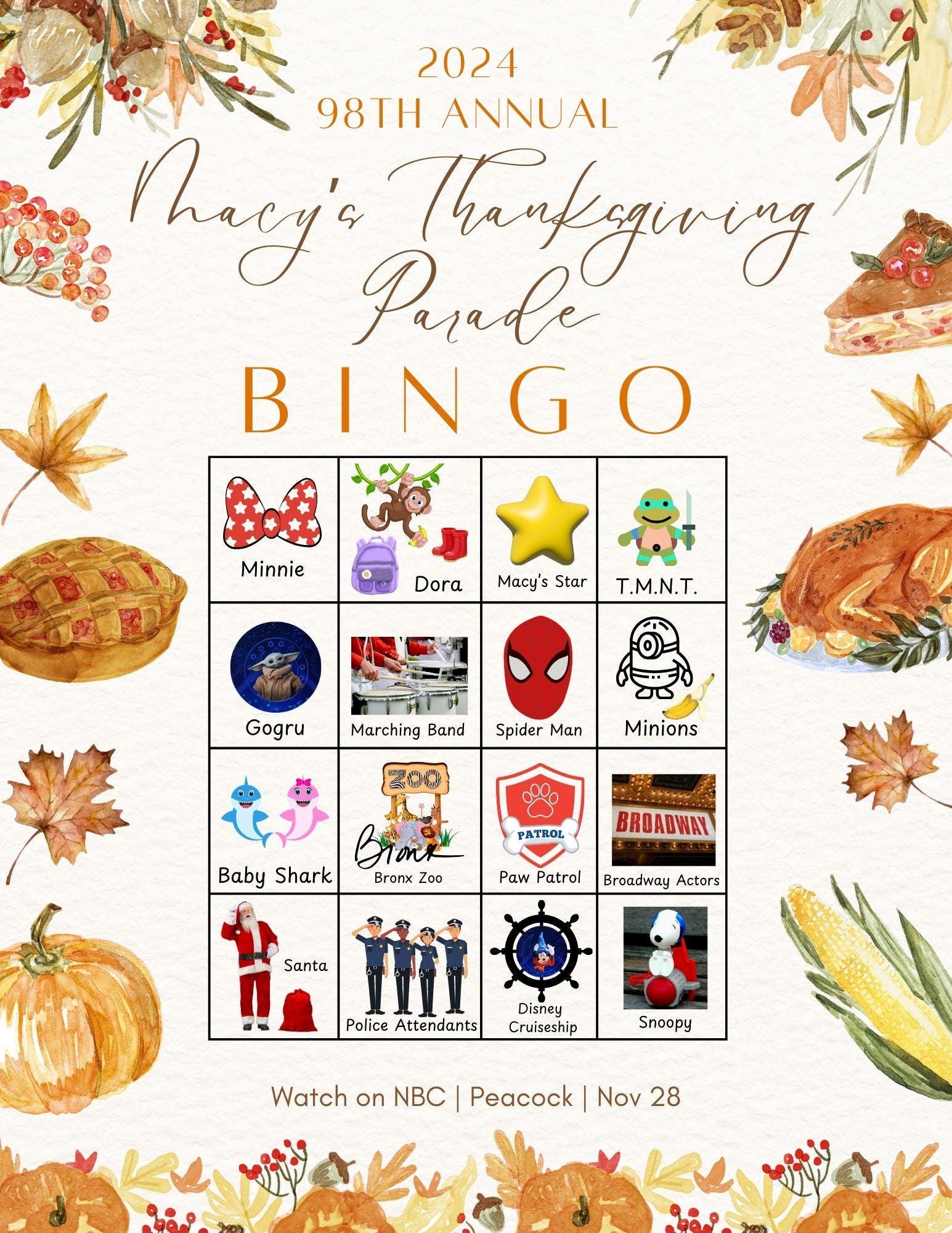 thanksgiving macy's parade bingo printable kid's kinder aktivität