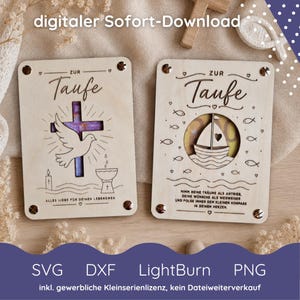 May include: Two rectangular light-coloured wooden plaques featuring laser-engraved designs for a baptism. One plaque displays a dove, a cross, and a candle. The other shows a sailboat, fish, and German text. Both have metal corner screws.