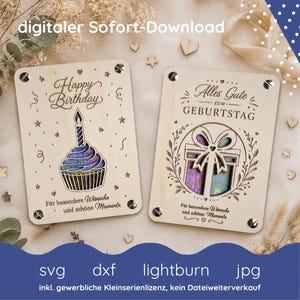 May include: Two rectangular wooden plaques featuring laser-cut designs. The left plaque displays a cupcake with a candle and the text Happy Birthday. The right plaque shows a gift box inside a wreath with the text Alles Gute zum Geburtstag.