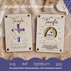 May include: Two wooden baptism cards with the word "Taufe" and decorative elements. One card features a cross, dove, and baptismal font. The other shows a sailboat. The cards have the text "digital download" and other text.