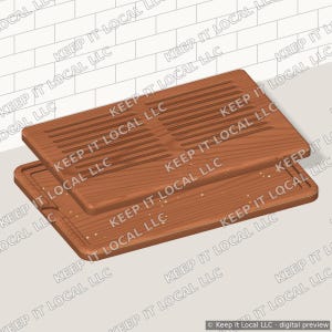May include: A rectangular wooden cutting board with a removable top grate featuring horizontal slats. The base board has a smooth surface with a perimeter groove and small light-colored speckles, showcasing a natural brown wood grain finish.