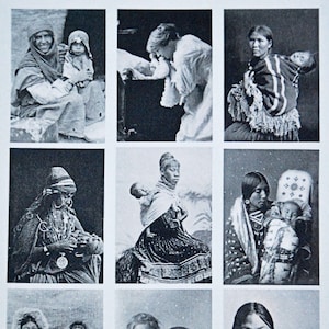 May include: Nine black and white photographs of mothers and their children. The mothers are wearing traditional clothing and holding their children. The photographs are arranged in a grid of three rows and three columns.
