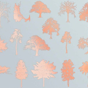 May include: A digital illustration of 14 peach-colored trees on a light blue background. The trees are all different shapes and sizes, and some have branches that extend beyond the frame of the image.