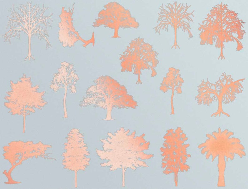 May include: A digital illustration of 14 peach-colored trees on a light blue background. The trees are all different shapes and sizes, and some have branches that extend beyond the frame of the image.