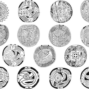 Può includere: Una collezione di 14 disegni circolari in bianco e nero con motivi intricati. I disegni sono simili all'arte dei nativi americani.