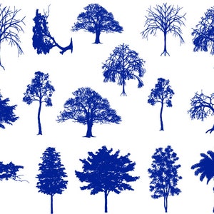 May include: A collection of 14 blue silhouette images of various trees, including palm trees, deciduous trees, and coniferous trees.