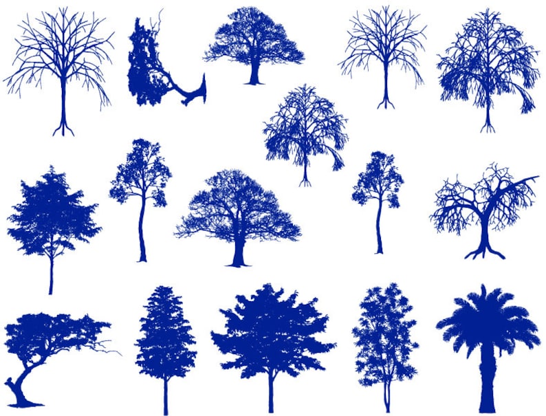 May include: A collection of 14 blue silhouette images of various trees, including palm trees, deciduous trees, and coniferous trees.