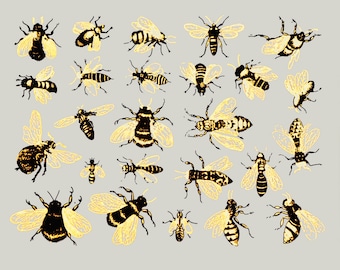 Two-Color Vintage Bees - ceramic decal, glass fusing, enamel decal