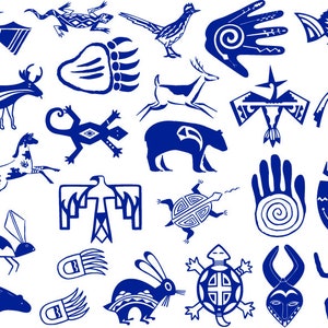 May include: A collection of blue Native American inspired art designs. The designs include animals, birds, handprints, and geometric patterns.