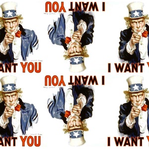 Puede incluir: Un collage con la icónica figura del Tío Sam señalando directamente al espectador. Viste un traje azul, una pajarita roja y un sombrero de copa blanco con estrellas. Las palabras "I WANT YOU" se muestran en letras rojas y audaces.