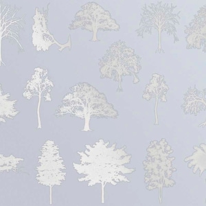 May include: A digital illustration of 16 white trees on a light blue background. The trees are all different shapes and sizes, and some have more detail than others.