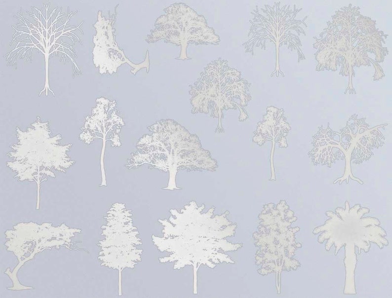 May include: A digital illustration of 16 white trees on a light blue background. The trees are all different shapes and sizes, and some have more detail than others.