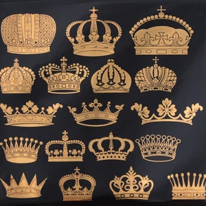 May include: A black background with 15 gold crowns of various designs. The crowns are all different sizes and shapes, but they all have a similar style. They are all made of gold and have a shiny finish.