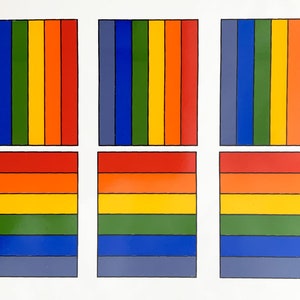 Puede incluir: Seis pinturas abstractas coloridas con rayas verticales en tonos de azul, verde, amarillo, naranja y rojo.