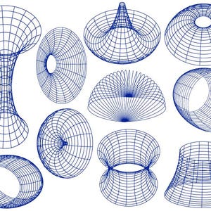 Puede incluir: Un conjunto de diez formas geométricas 3D de alambre azul, que incluyen un cono, una esfera, un toro y un cilindro. Las formas se representan en un estilo simple y minimalista.