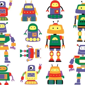 以下が含まれることがあります： さまざまな色とデザインの11体の漫画のロボットのセット。ロボットは、アンテナ、車輪、ギアなど、さまざまな形、サイズ、特徴を持っています。