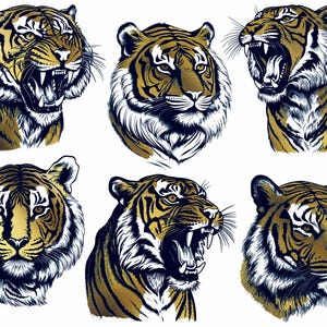 Puede incluir: Seis ilustraciones detalladas de cabezas de tigre en negro y dorado, cada una con una expresión diferente. Los tigres miran en diferentes direcciones.