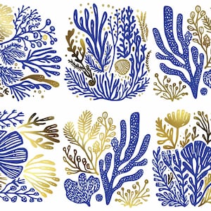 May include: A set of six square illustrations featuring stylized marine life patterns in deep blue and metallic gold. Each square displays a unique arrangement of coral, seaweed, and fan-shaped aquatic plants with intricate line work and textures.