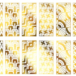 May include: A collection of gold geometric patterns on rectangular panels. The designs include chevrons, interlocking shapes, and concentric circles. The panels have a metallic sheen, with variations in gold tones.