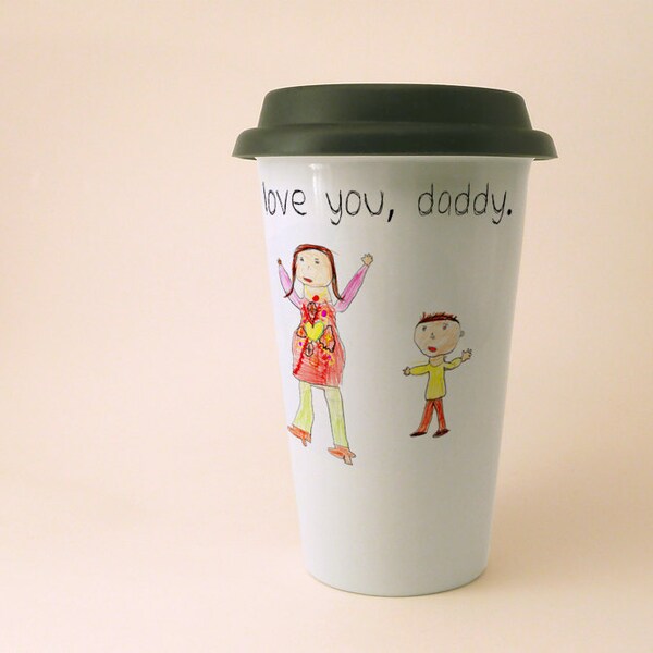 Your Childs Art on a Porcelain To Go Mug with Lid - Personalized Gift for Fathers Day