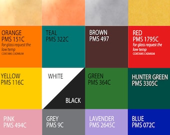May include: A colour chart with 16 different colours, each with a name and PMS colour code. The colours are arranged in a grid pattern. The colours include gold, copper, platinum, imitation gold, orange, teal, brown, red, yellow, white, green, hunter green, pink, grey, lavender, and blue.