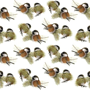 Puede incluir: Un patrón repetitivo de pequeños pájaros con cuerpos marrones, cabezas negras y mejillas blancas, posados en ramas de pino verdes. Las aves están dispuestas en parejas, mirándose, creando un diseño simétrico sobre un fondo blanco. La obra de arte tiene un estilo detallado y realista.