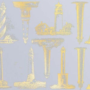 Puede incluir: Una ilustración digital de diez faros de diferentes estilos, todos en color amarillo dorado sobre un fondo azul claro.