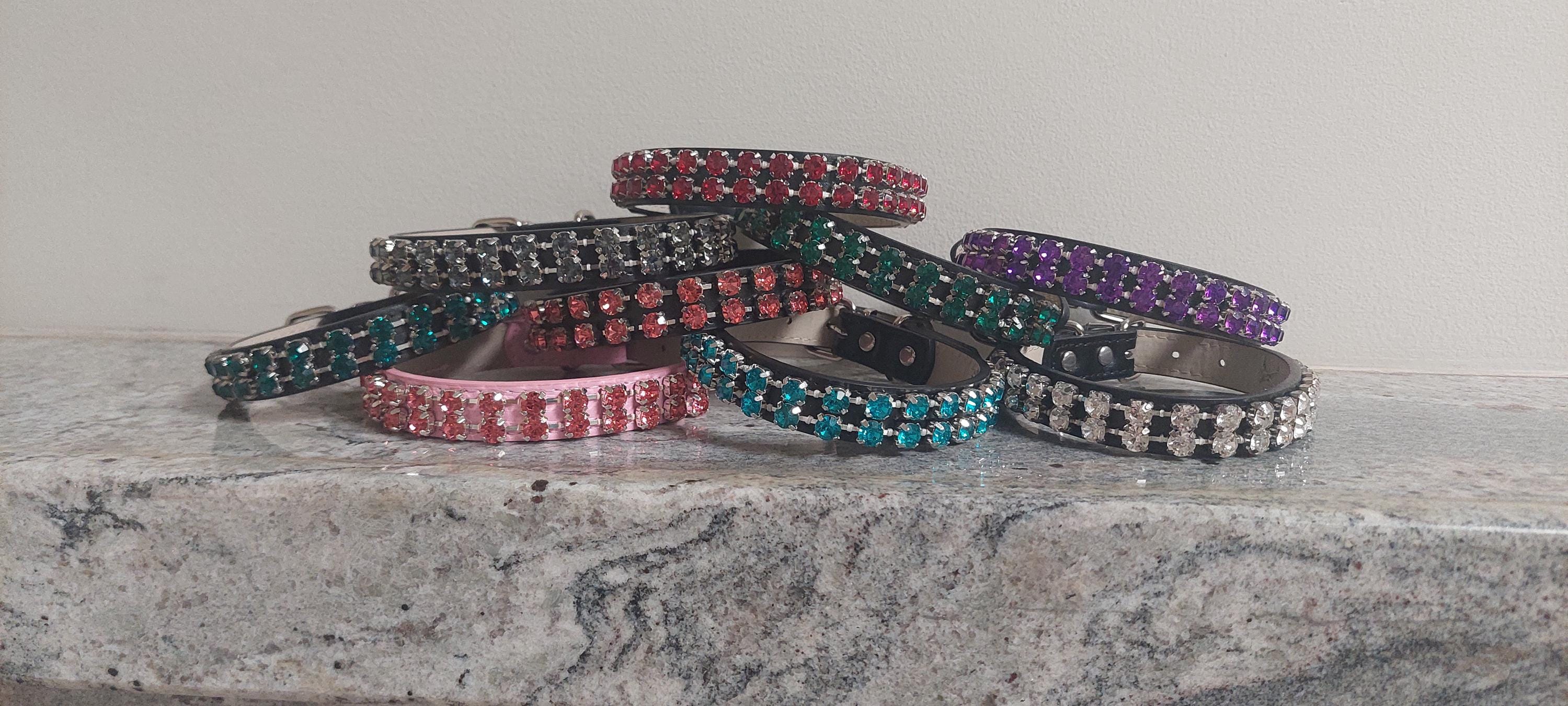 Medium Crystal Diamond Dog Collar: Black Leatherette, Size 