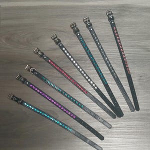 May include: A collection of black pet collars with silver buckles and decorative rhinestones in various colors, including purple, teal, white, and red. The collars are arranged diagonally on a wooden surface.