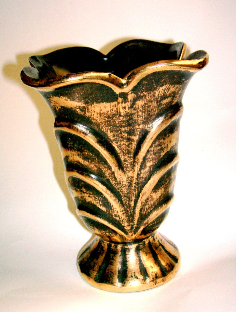 Vintage Stangl 50s Pottery Vase Stangl Black Vase Stangl 50s Pottery Art Deco Vase 22kt Black Gold Handpainted 1950 Antique Gold Pottery image 5