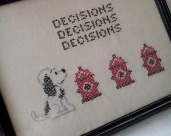 Vintage Cross Stitch Puppy Picture Vintage 1940's Framed Sampler  Handmade DECISIONS Cross Stitch 40s Framed Dog Fire Hydrants Cross Stitch