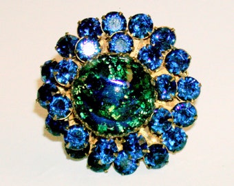 Vintage Brooch 1950s Antique Dome Rhinestone & Blue Aurora Borealis Crystal Pin Jewelry Gold Tone Filigree Mount 1950s Vintage Blue Dome Pin