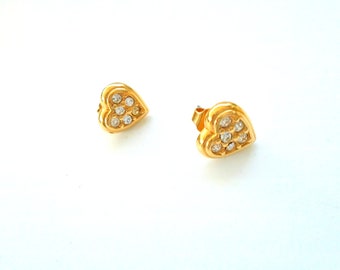 Vintage Jewelry Rhinestone Heart Earrings Pierced Stud Earrings Vintage 1970s Goldtone Earrings Lightweight Wedding Anniversary Heart Gifts