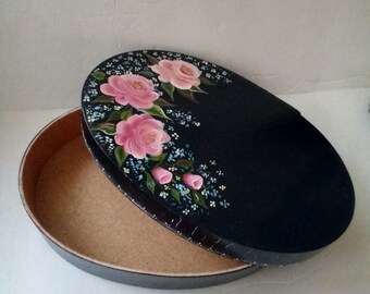 Vintage Shaker style Oval Box Hand made Wood Box Hand painted Oval Box Vintage Wood Box Handpainted Rose Floral Design Wood Covered Box