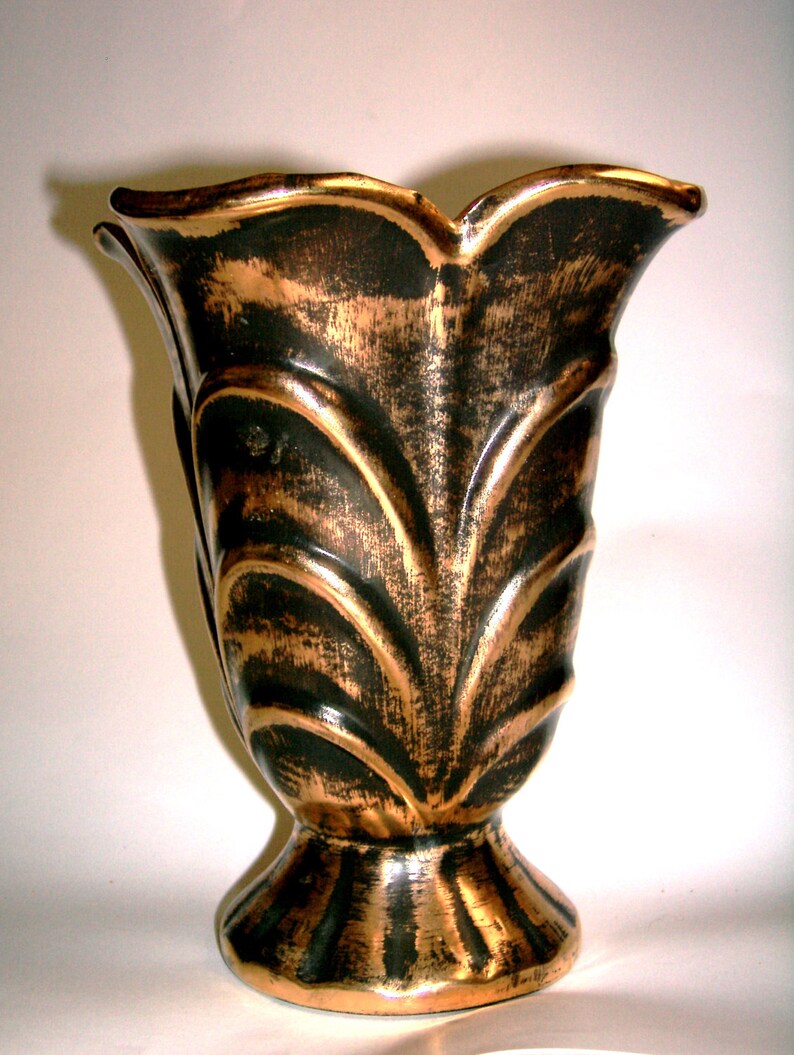 Vintage Stangl 50s Pottery Vase Stangl Black Vase Stangl 50s Pottery Art Deco Vase 22kt Black Gold Handpainted 1950 Antique Gold Pottery image 1