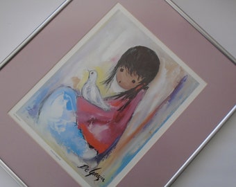 Vintage Framed Ted DeGrazia's print of original oil painting The White Dove 1960s Print professionally matted, metal frame, glass 18  x 16