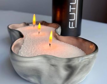 Large Pearled Sand Wax Candle in Plaster Bowl – Refillable, Gift-Ready, Multiple Scents, Wooden & Cotton Wicks, Handmade Decor