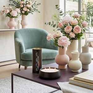 May include: A black cylindrical candle container with the text FUTURUM printed vertically in white, placed next to a low, round black three-wick candle. The items sit on a dark surface near several light-coloured vases filled with pink flowers.