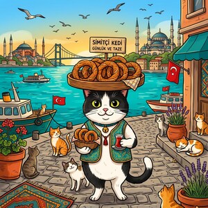 Simit Seller Cat Print | Istanbul Street Cat Bosphorus Art | Digital Download Printable Poster