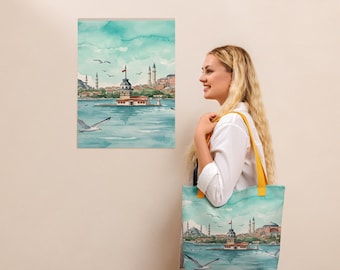 Istanbul Bosphorus Watercolor Tote Bag | Day Night Skyline Canvas Beach Bag
